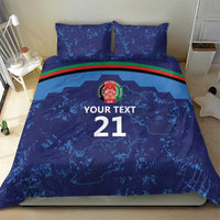 Blue duvet with map print, crest logo, “Your Text 21,” and green-red sport stripe