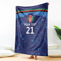Blue custom blanket featuring Afghan map, cricket crest, red-green stripe band, “21”