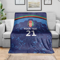 Blue cricket custom blanket with Afghan map print, crest logo, stripes, and “21”