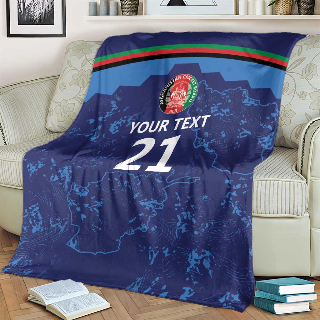Blue Afghan map blanket with cricket crest, green-red stripe band, “YOUR TEXT 21”
