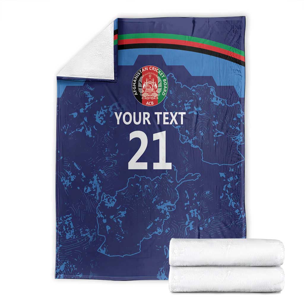 Blue Afghan map custom blanket with crest, stripe band, “YOUR TEXT 21,” folded