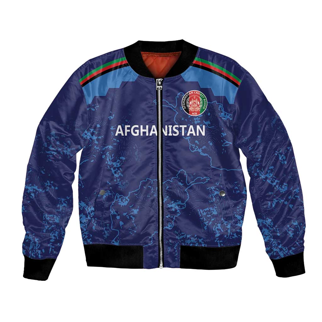 Blue full-zip bomber jacket with ribbed cuffs and Afghanistan map graphic