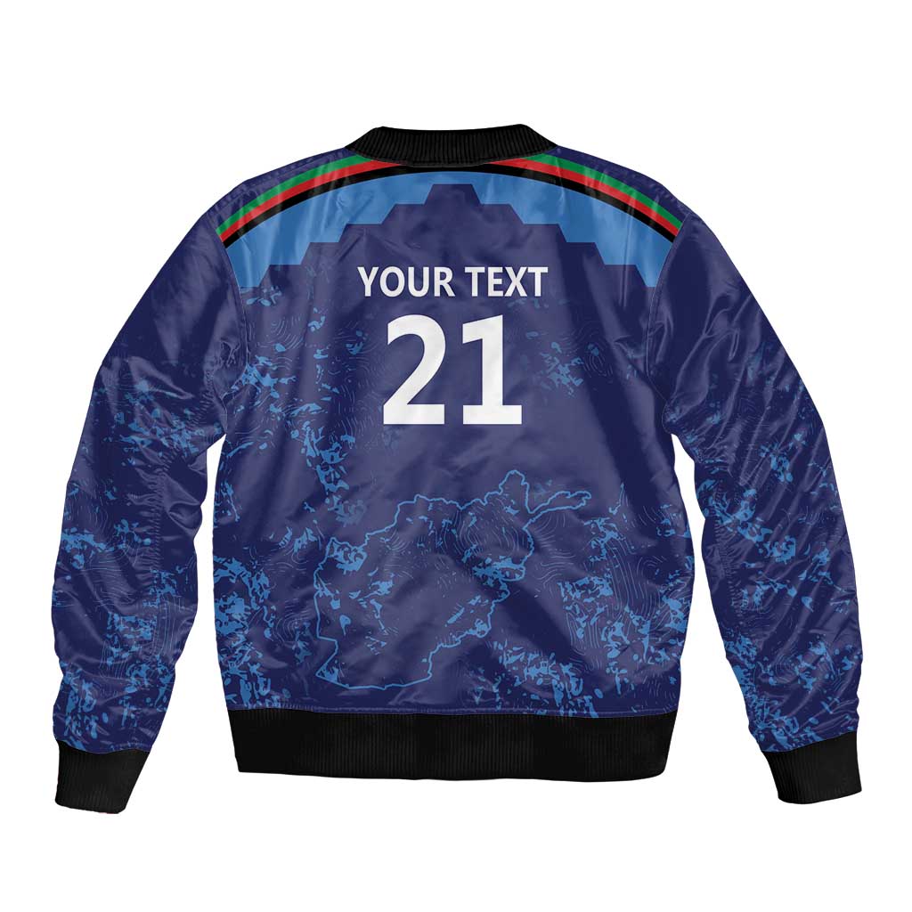Blue bomber jacket back with map graphic, YOUR TEXT 21, ribbed cuffs
