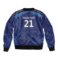 Blue bomber jacket back with map graphic, YOUR TEXT 21, ribbed cuffs
