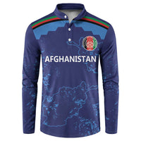 Blue long-sleeve cricket-style polo sweatshirt with button placket, Afghanistan map and crest
