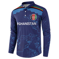Blue long-sleeve polo sweatshirt with Afghanistan map, crest emblem, and striped collar