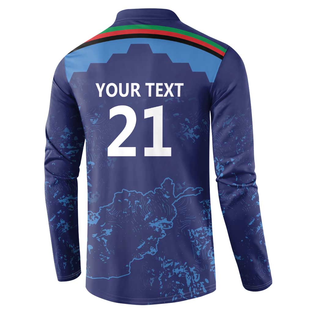 Blue long-sleeve polo sweatshirt back with Your Text 21 and Afghanistan map