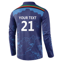 Blue long-sleeve polo sweatshirt back with Your Text 21 and Afghanistan map