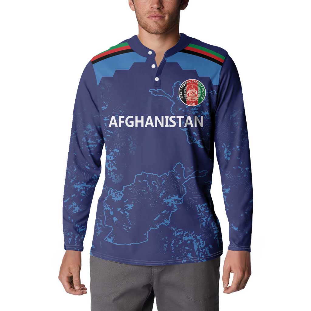 Blue long-sleeve polo sweatshirt front with Afghanistan text, crest emblem, and striped collar
