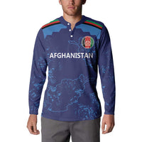 Blue long-sleeve polo sweatshirt front with Afghanistan text, crest emblem, and striped collar
