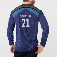 Blue long-sleeve polo sweatshirt back showing Your Text 21 and Afghanistan map