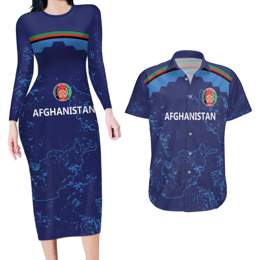 Afghan Atalans Cricket Custom Couples Matching Long Sleeve Bodycon Dress and Hawaiian Shirt Afghanistan Map with Sporty Style LT9 - Wonder Print Shop