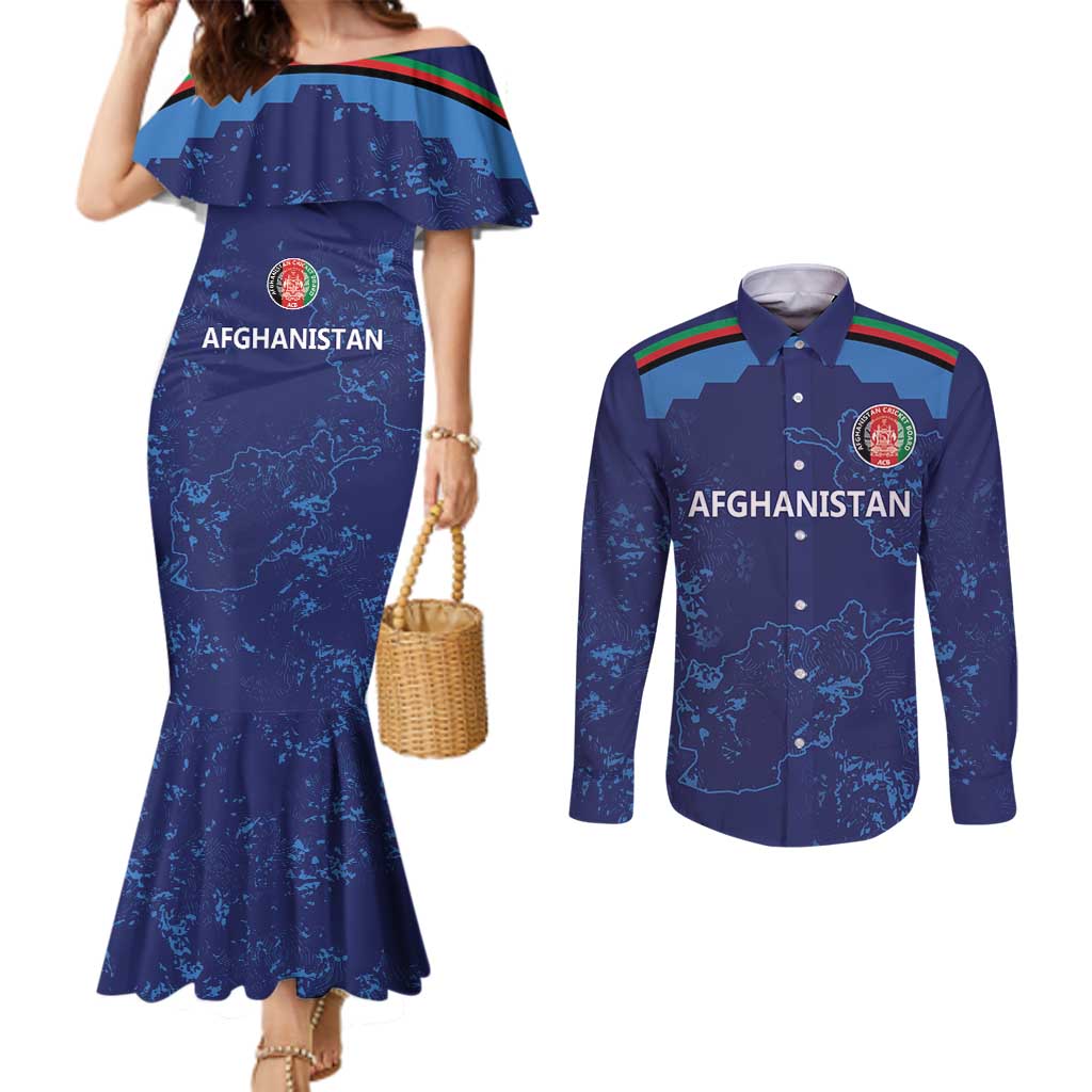 Afghan Atalans Cricket Custom Couples Matching Mermaid Dress and Long Sleeve Button Shirt Afghanistan Map with Sporty Style