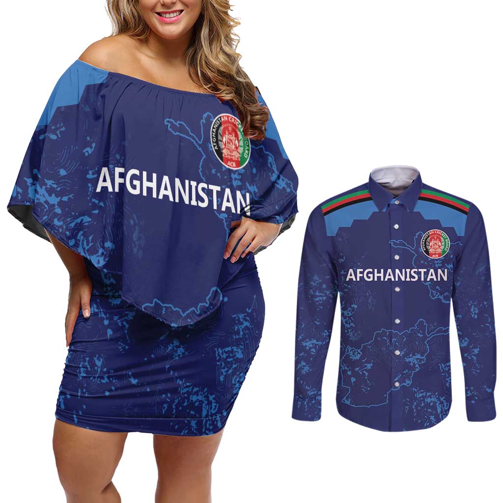 Afghan Atalans Cricket Custom Couples Matching Off Shoulder Short Dress and Long Sleeve Button Shirt Afghanistan Map with Sporty Style LT9 - Wonder Print Shop