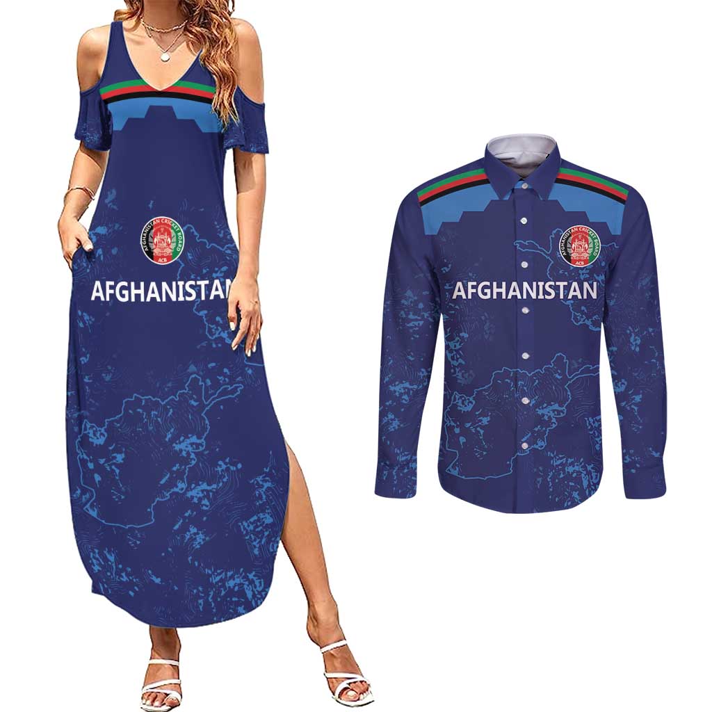 Afghan Atalans Cricket Custom Couples Matching Summer Maxi Dress and Long Sleeve Button Shirt Afghanistan Map with Sporty Style LT9 - Wonder Print Shop