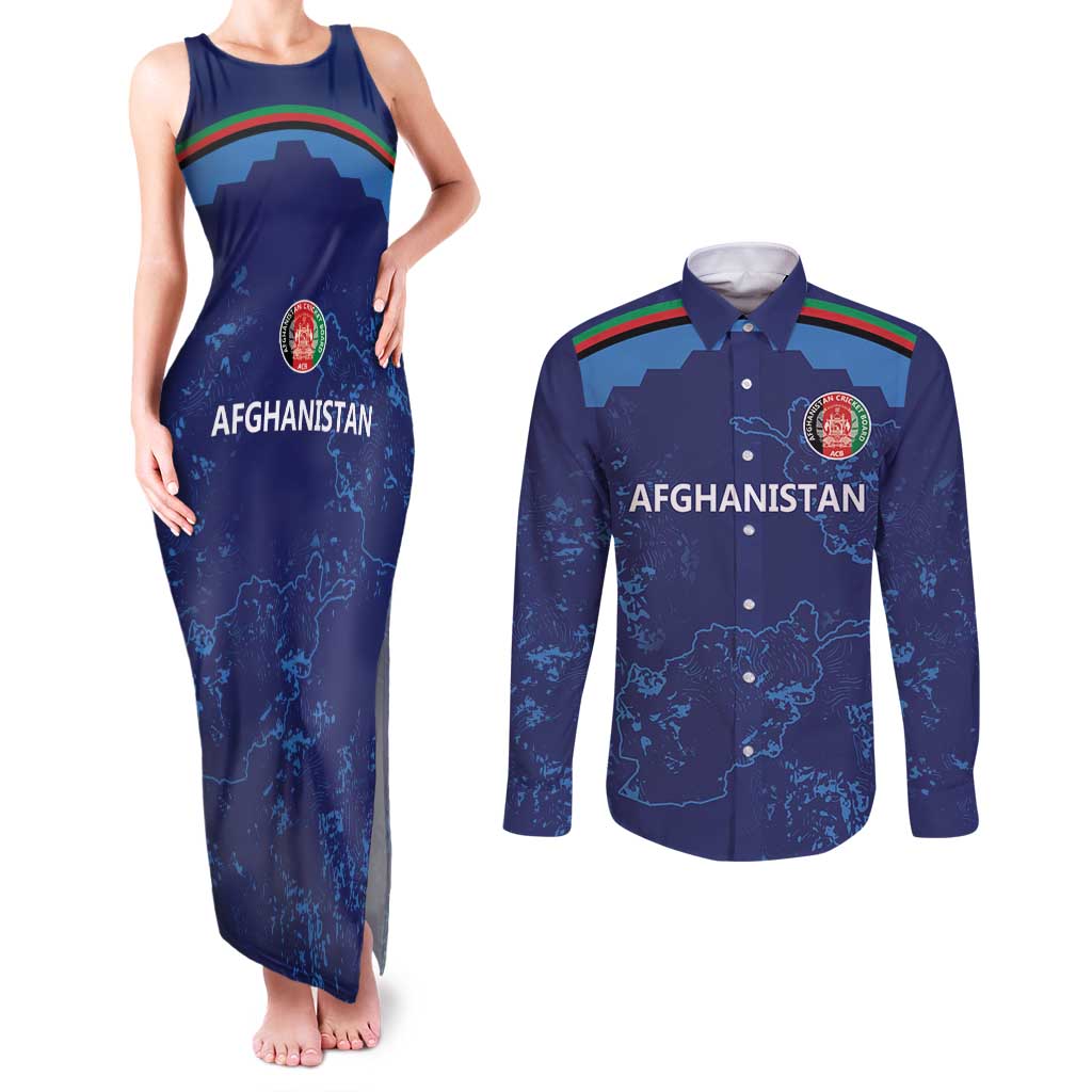 Afghan Atalans Cricket Custom Couples Matching Tank Maxi Dress and Long Sleeve Button Shirt Afghanistan Map with Sporty Style LT9 - Wonder Print Shop