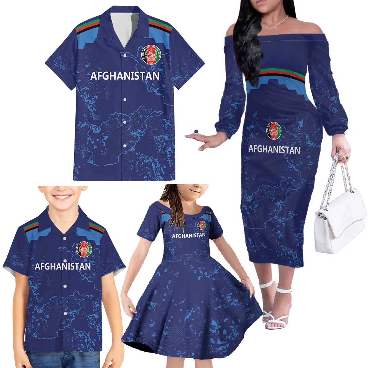 Afghan Atalans Cricket Custom Family Matching Off The Shoulder Long Sleeve Dress and Hawaiian Shirt Afghanistan Map with Sporty Style - Wonder Print Shop