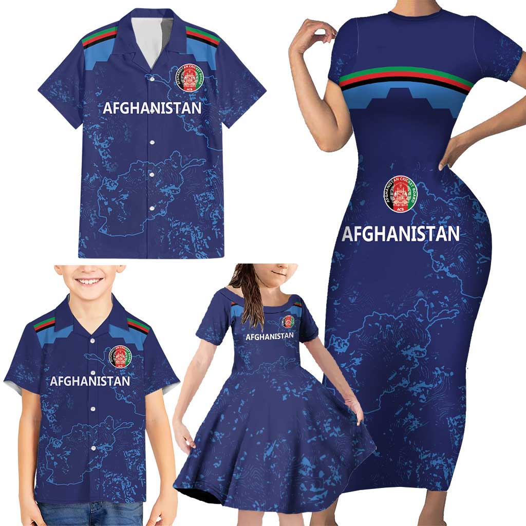 Afghan Atalans Cricket Custom Family Matching Short Sleeve Bodycon Dress and Hawaiian Shirt Afghanistan Map with Sporty Style - Wonder Print Shop