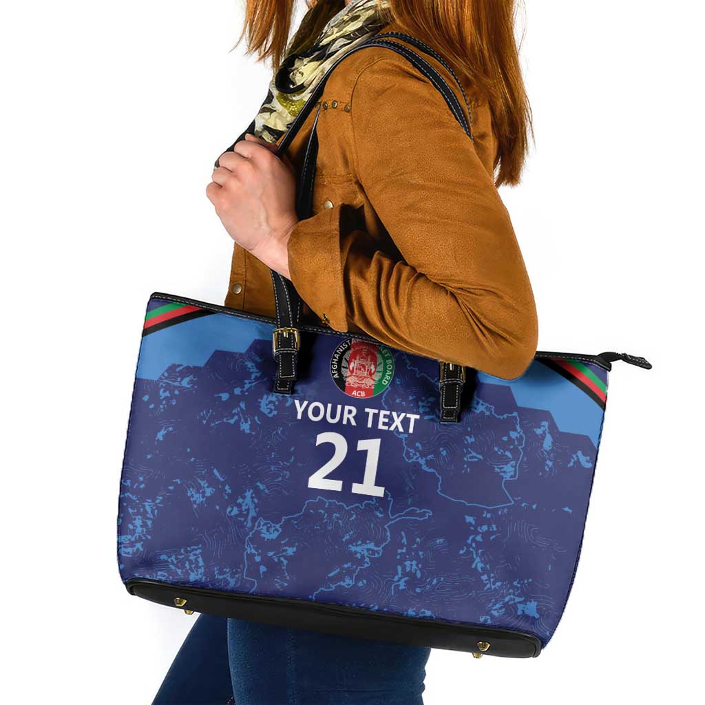 Blue cricket tote bag with 'YOUR TEXT 21' print, brown leather handles