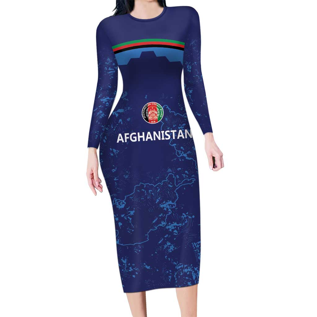 Afghan Atalans Cricket Custom Long Sleeve Bodycon Dress Afghanistan Map with Sporty Style - Wonder Print Shop