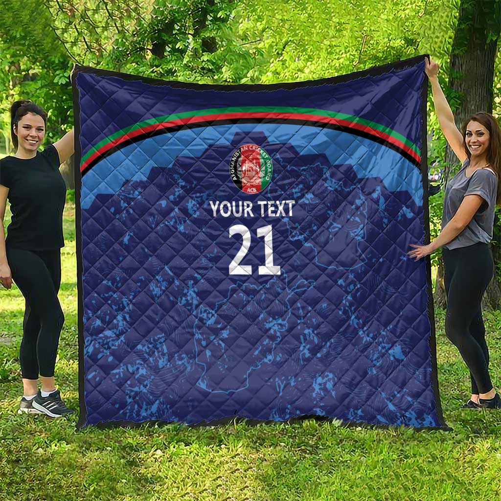 Blue custom cricket quilt outdoors with Afghanistan map, red-green arc, 'YOUR TEXT' 21