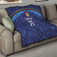 Blue custom cricket quilt on sofa, Afghanistan map, red-green arc, 'YOUR TEXT' 21