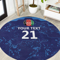 Round blue cricket carpet with map design and “Your Text 21” print
