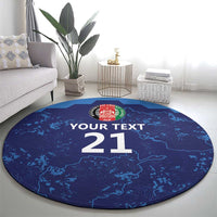 Round blue Afghanistan cricket carpet with crest emblem and “Your Text 21”