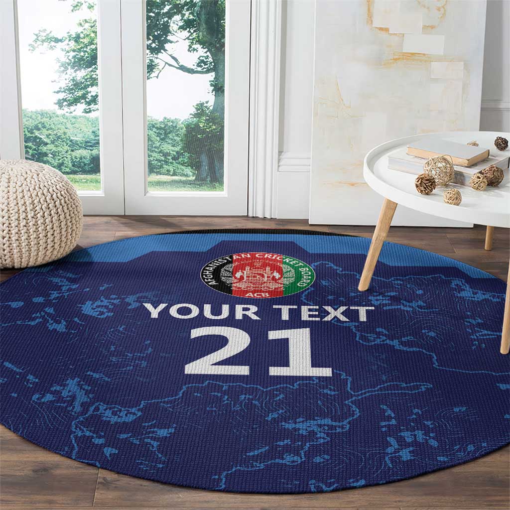 Round blue cricket carpet featuring “Your Text 21” across Afghanistan map pattern