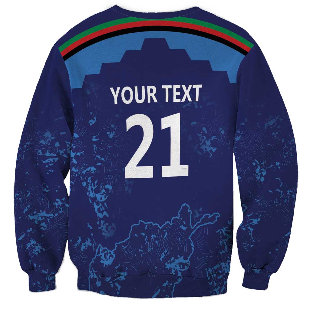 Blue cricket sweatshirt back with text '21' and Afghanistan map, long sleeves