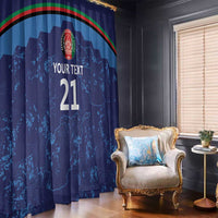 Blue curtain panels with cricket map print, custom text, and large number 21 over dark blue.