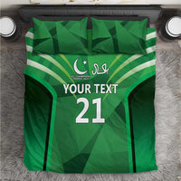 Green cricket-themed bedding set with geometric print and 'YOUR TEXT 21'.