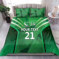 Green cricket-themed bedding set with geometric stripes and 'YOUR TEXT 21' on duvet.
