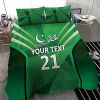 Green cricket-themed bedding set with 'YOUR TEXT 21' and geometric pattern on duvet.