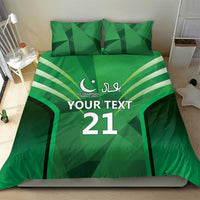 Green cricket-themed bedding set with geometric stripes and 'YOUR TEXT 21' centered on duvet.