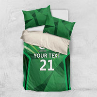 Green cricket-themed duvet cover and pillowcases laid flat with 'YOUR TEXT 21' print.