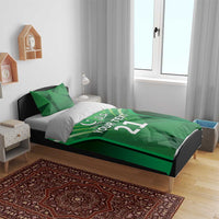Green cricket-themed bedding set with geometric stripes and 'YOUR TEXT 21' on duvet.