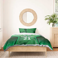 Green cricket-themed bedding set with geometric print and 'YOUR TEXT 21' on duvet.