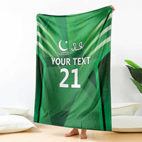 Green cricket custom blanket draped with 'YOUR TEXT 21' and stripe pattern