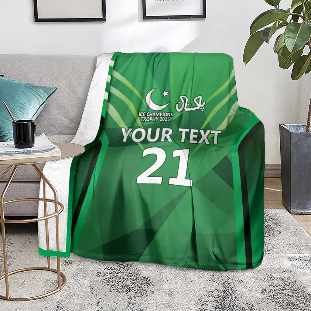 Green cricket custom blanket on chair with 'YOUR TEXT 21' and sporty stripes