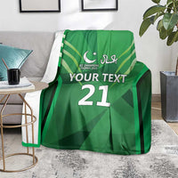 Green cricket custom blanket on chair with 'YOUR TEXT 21' and sporty stripes