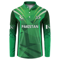 Green button-front sweatshirt with sporty striped cricket design and Pakistan graphics