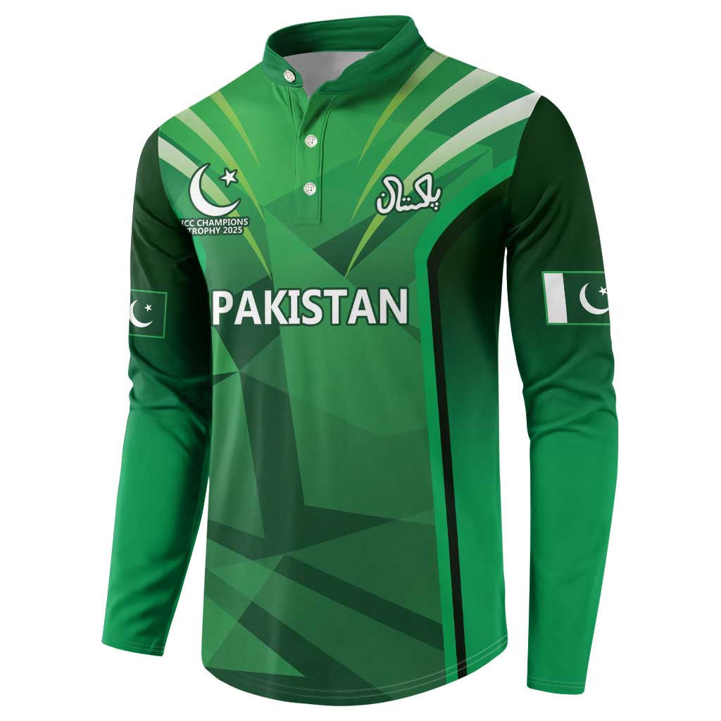 Green button-front sweatshirt with Pakistan front graphic and sporty panel pattern