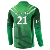 Green button-front sweatshirt with back text 'YOUR TEXT' and number '21'