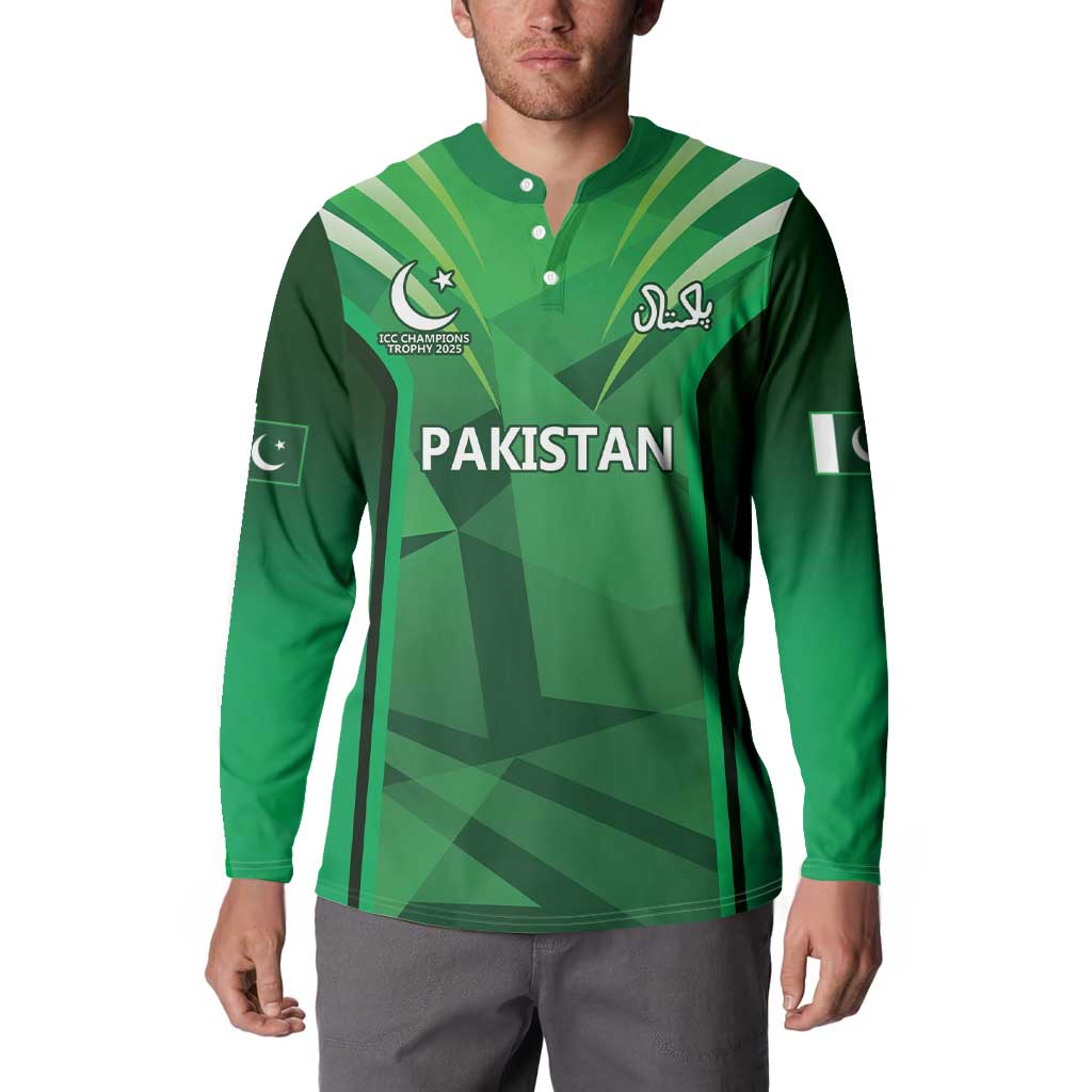 Green button-front sweatshirt with Pakistan graphic, sporty panel pattern, long sleeves