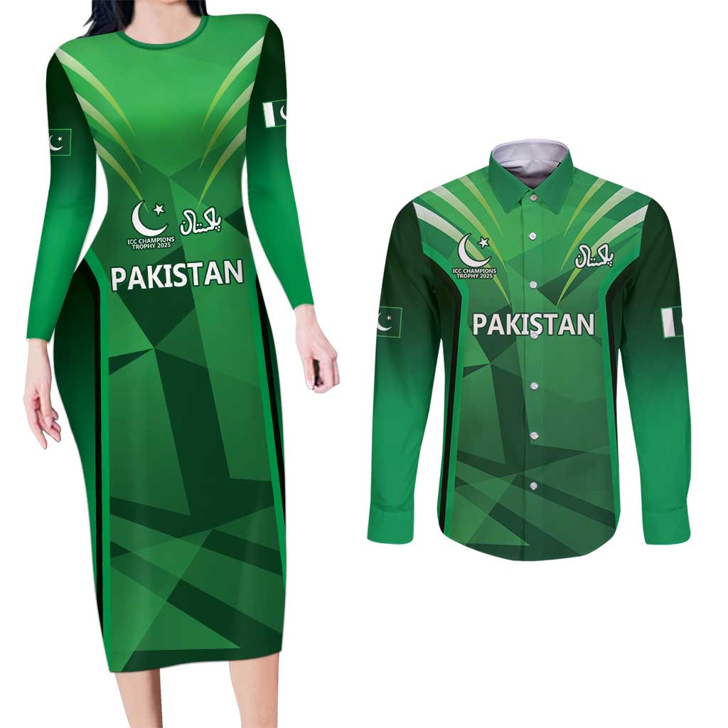 Pakistan Cricket Custom Couples Matching Long Sleeve Bodycon Dress and Long Sleeve Button Shirt The Green Shirts with Sporty Pattern LT9 - Wonder Print Shop