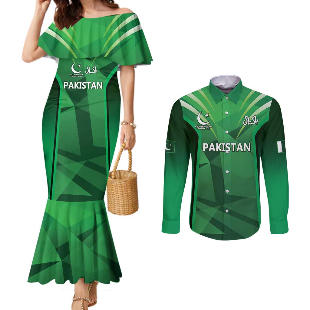 Pakistan Cricket Custom Couples Matching Mermaid Dress and Long Sleeve Button Shirt The Green Shirts with Sporty Pattern