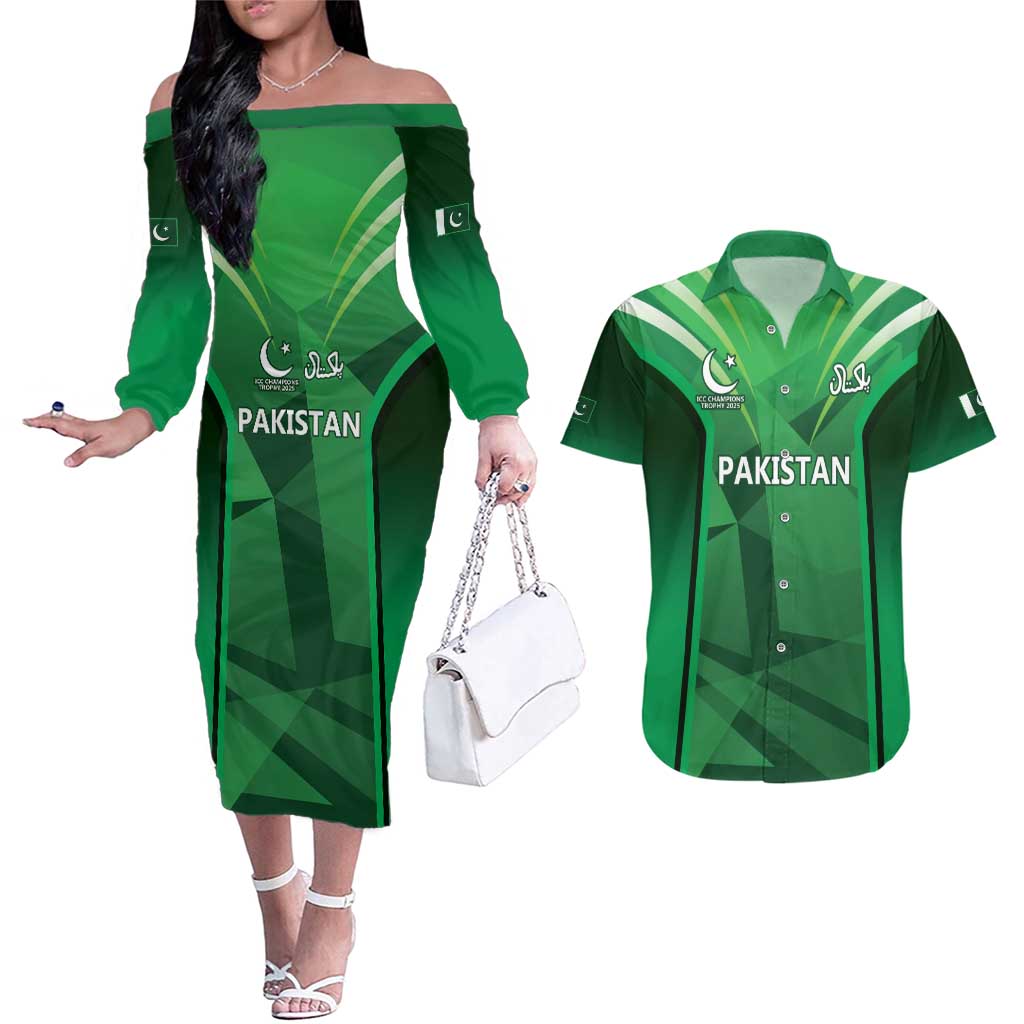 Pakistan Cricket Custom Couples Matching Off The Shoulder Long Sleeve Dress and Hawaiian Shirt The Green Shirts with Sporty Pattern LT9 - Wonder Print Shop