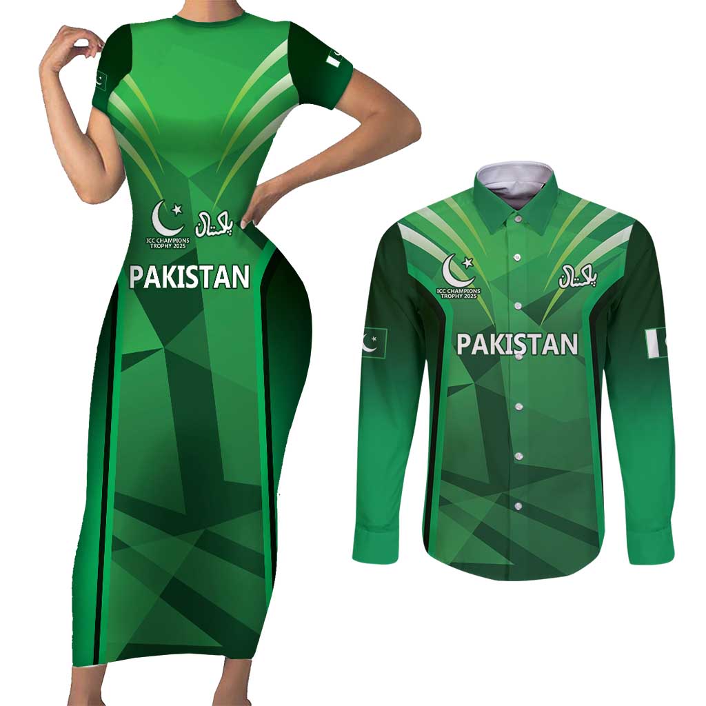 Pakistan Cricket Custom Couples Matching Short Sleeve Bodycon Dress and Long Sleeve Button Shirt The Green Shirts with Sporty Pattern LT9 - Wonder Print Shop