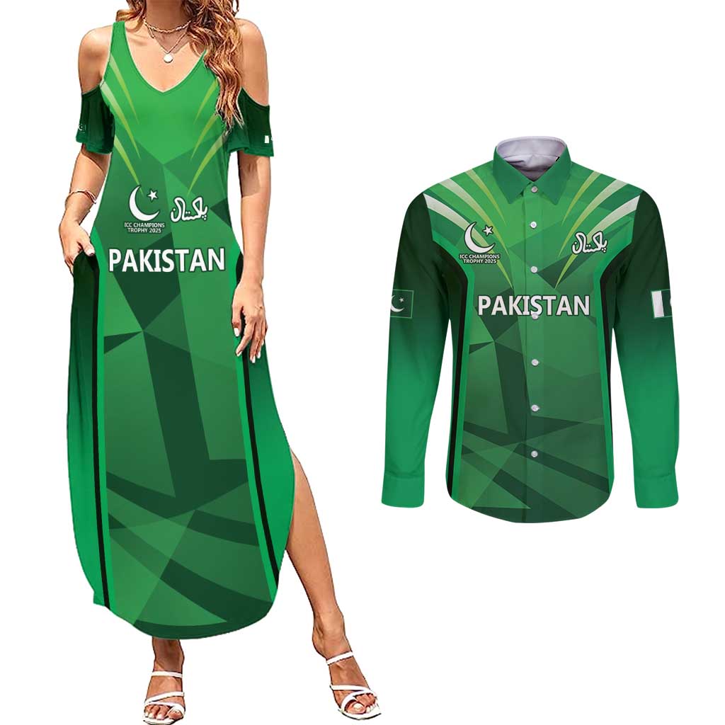 Pakistan Cricket Custom Couples Matching Summer Maxi Dress and Long Sleeve Button Shirt The Green Shirts with Sporty Pattern LT9 - Wonder Print Shop